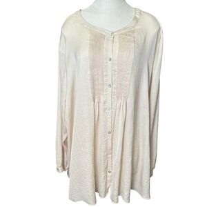 LOGO Lori Goldstein‎ Womens 3XL Beige Pleated Button Front Long Sleeve Tunic Top